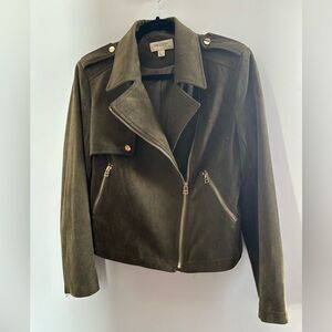 Anthropologie Dark Olive Leather Suede Jacket with Gold Accents